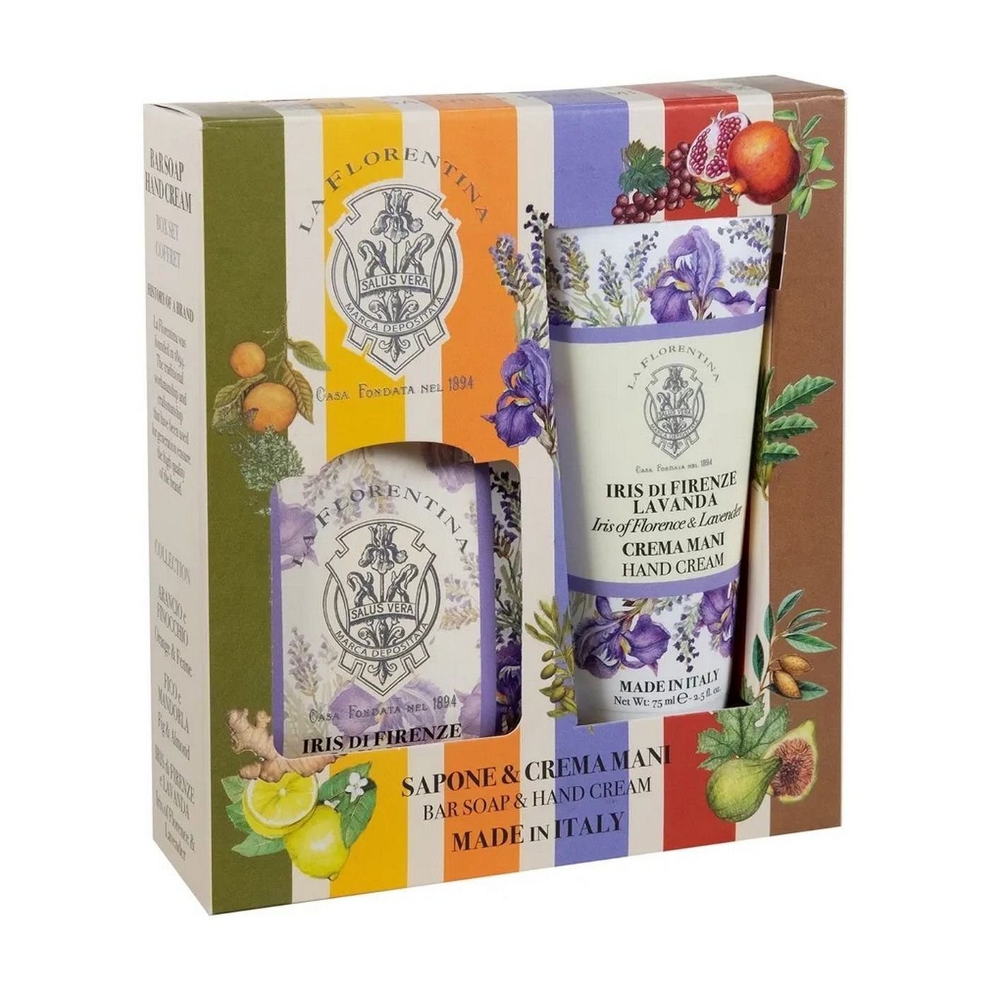 La Florentina Box Set Bar Soap & Hand Cream Iris of Florence & Lavender Набор на основе масел ши и оливы с экстрактами Флорентийского ириса и Лаванды Мыло натуральное 106 гр + Крем для рук 75 мл