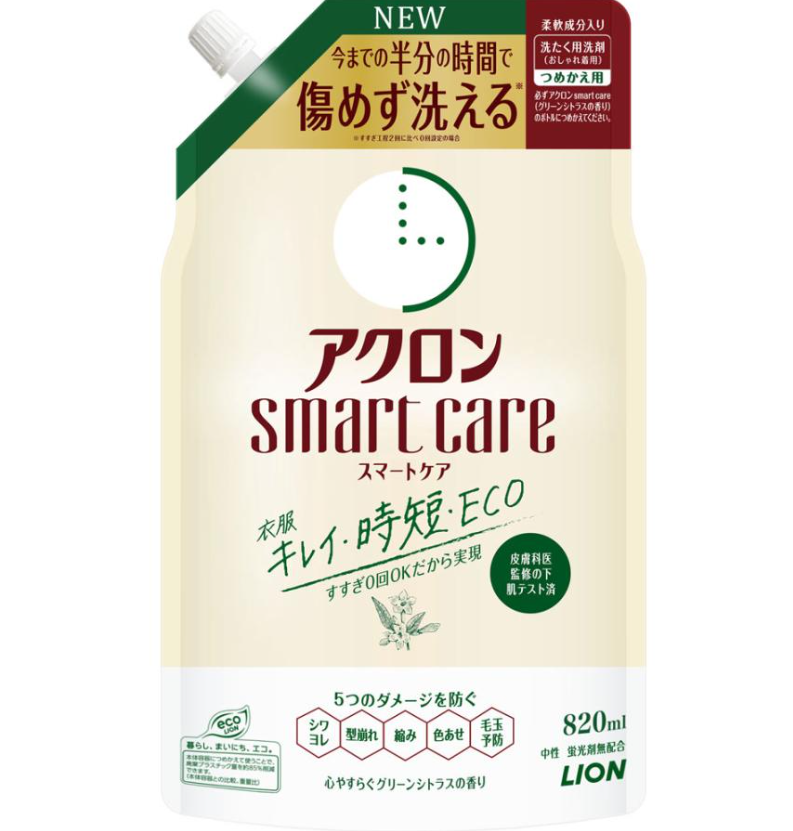 Lion Acron Smart Care Eco Green Citrus Экологичное жидкое средство для стирки деликатных тканей смягчающий с ароматом зеленых цитрусов 820 мл в мягкой упаковке