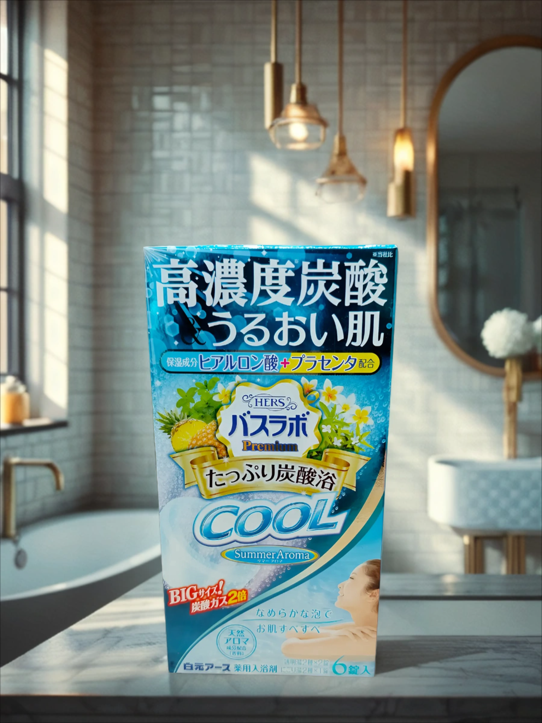 Hakugen Earth HERS Bath labo Premium Cool Соль для ванны освежающая с охлаждающим эффектом, углекислым газом с гиалуроновой кислотой Аромат Мяты, ананаса, плюмерии и вербены 6 таблеток