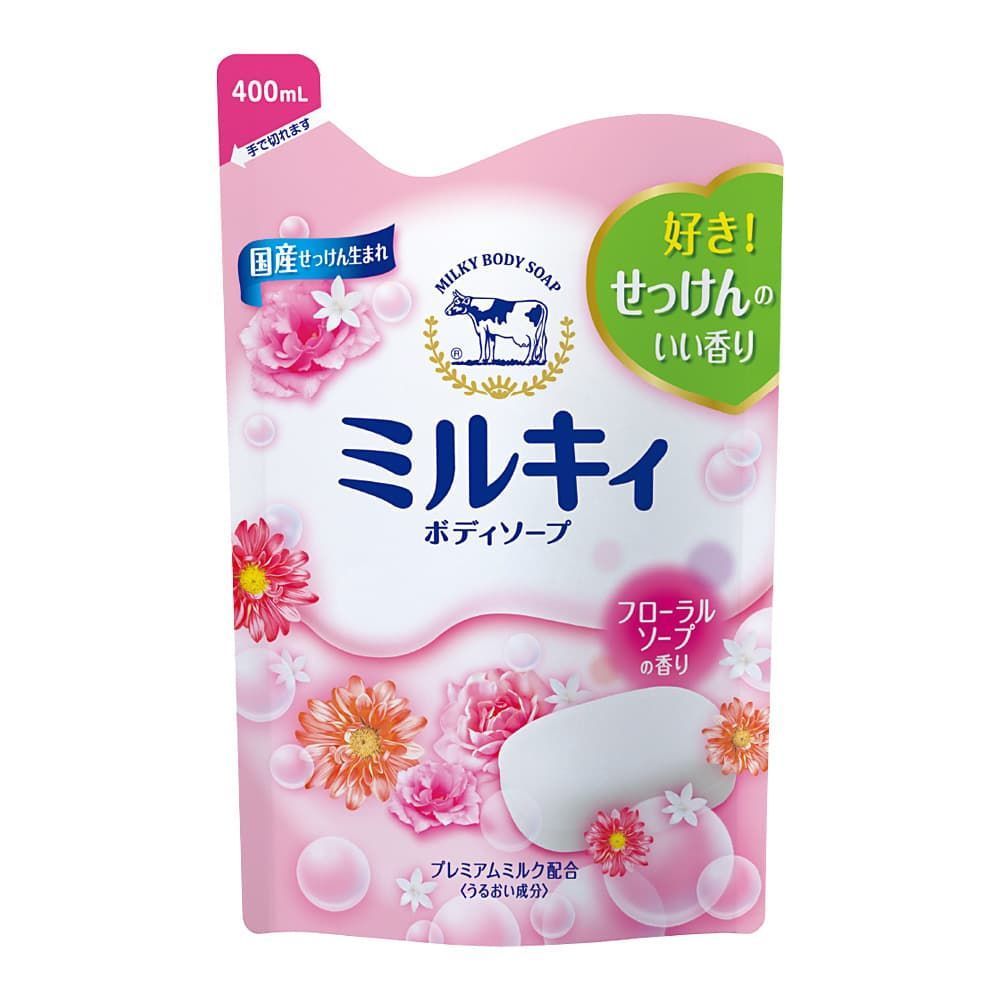 Cow Brand Milky body soap Жидкое мыло для тела с керамидами и молочными протеинами аромат цветов 400 мл запасной блок