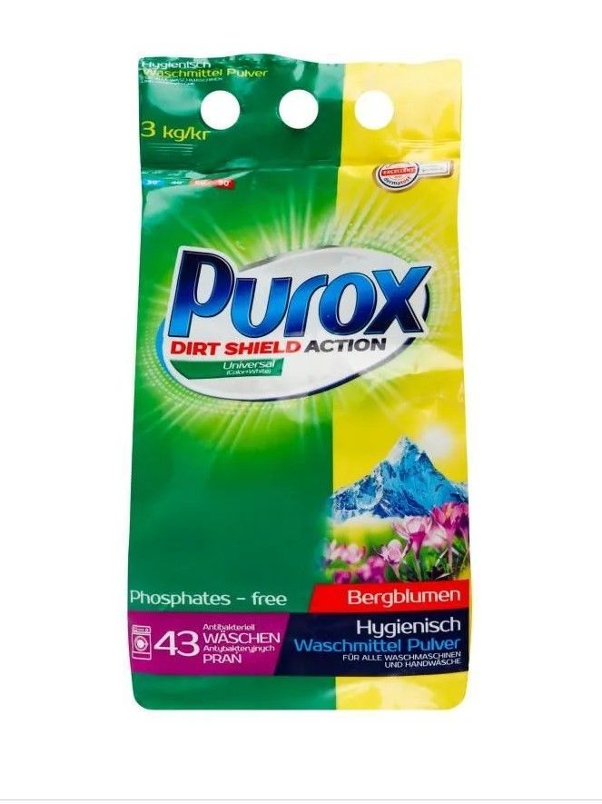 Clovin Purox Hygienisch Waschmittel Dirt Shield Action Universal Bergblumen Дезинфицирующий стиральный порошок бесфофатный универсальный Горные цветы 3 кг на 43 стирки
