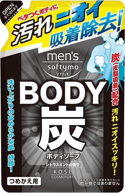 Kose Cosmeport Men's Softymo Мужской гель для душа с древесным углем Глубокое очищение и уход цитрусово-мятный аромат 400 мл запасной блок
