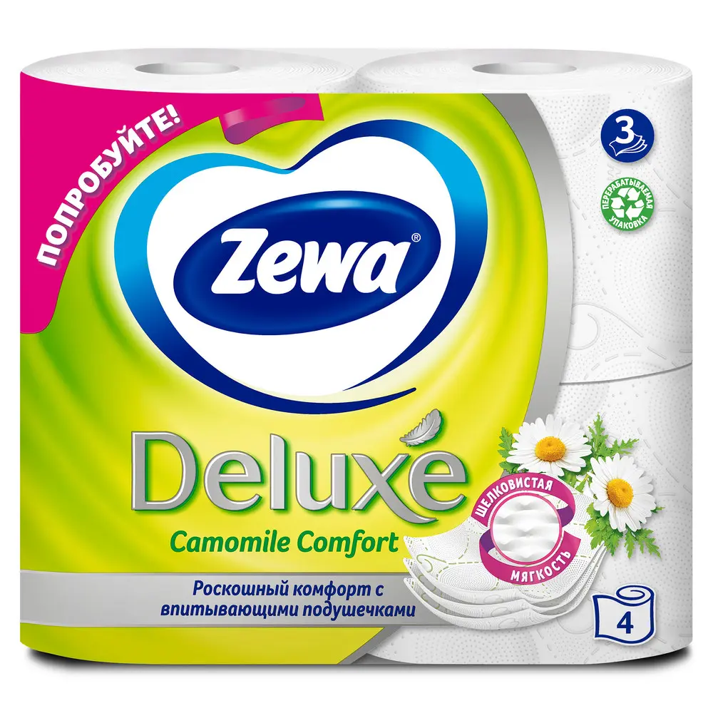 Zewa Deluxe Туалетная бумага трёхслойная Ромашка 4 рулона