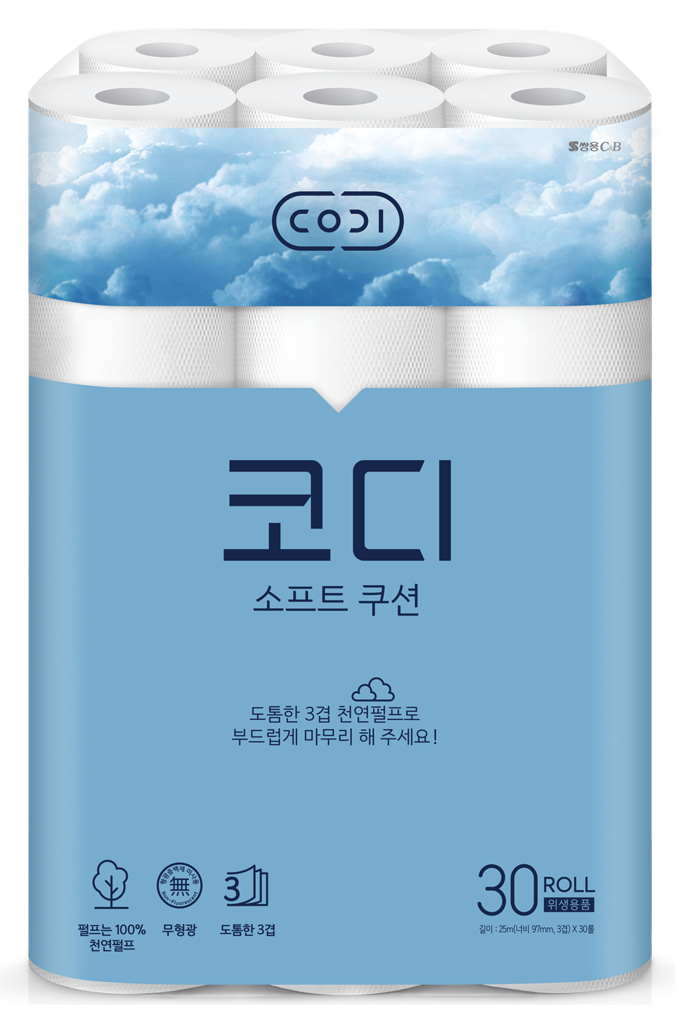 SsangYoung Codi Soft Cushion Бумага туалетная 3-х слойная ультрамягкая с тиснением 25 м 30 рулонов
