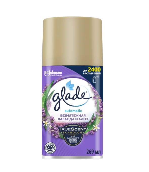 Glade Automatic Универсальный сменный аэрозольный баллон для автоматическго освежителя воздуха Безмятежная лаванда и Алоэ 269 мл