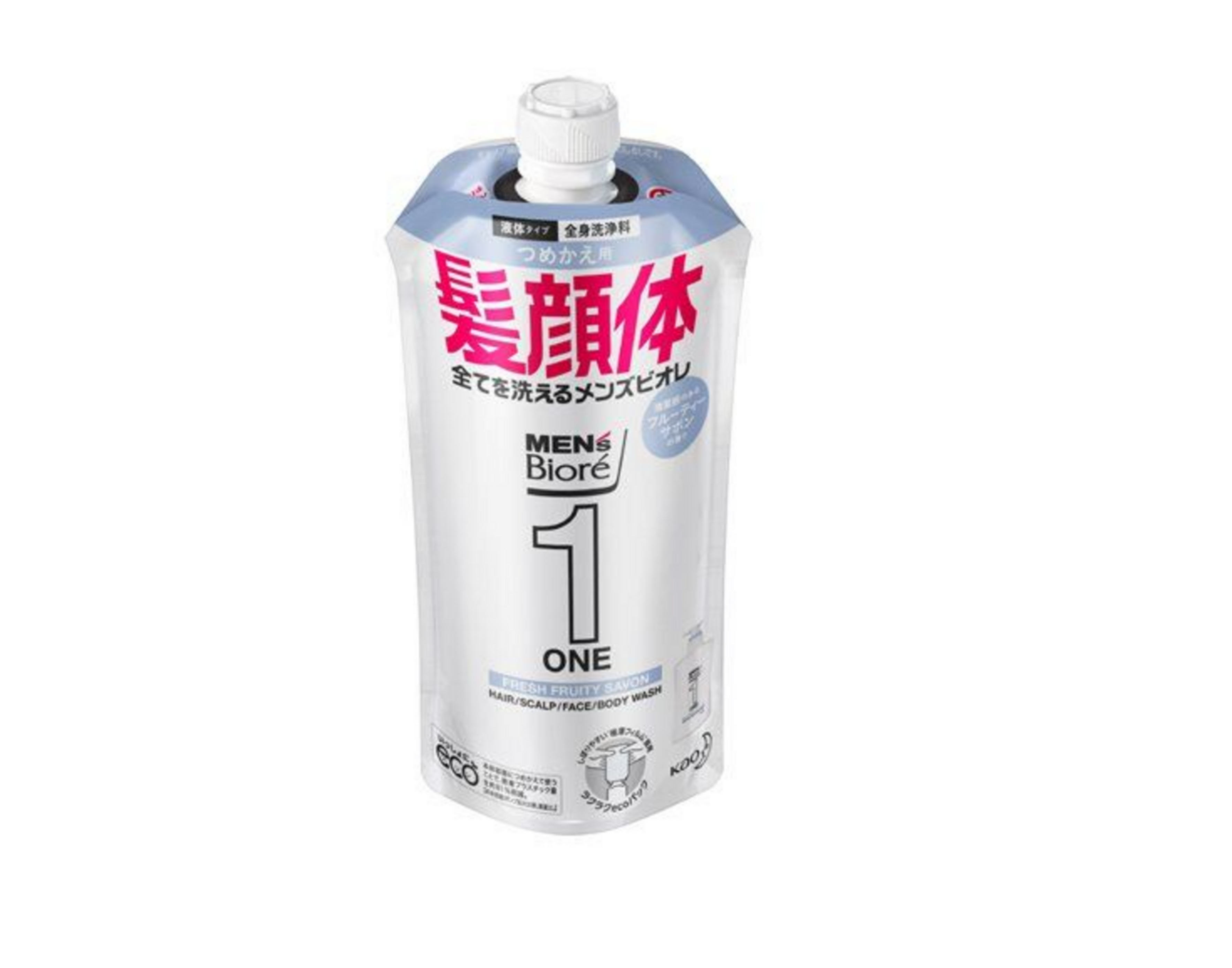 Kao Men's Biore One Fresh Fruity Savon Гель для лица, тела и волос Всё в одном очищающий с фруктовым ароматом 340 мл в мягкой упаковке