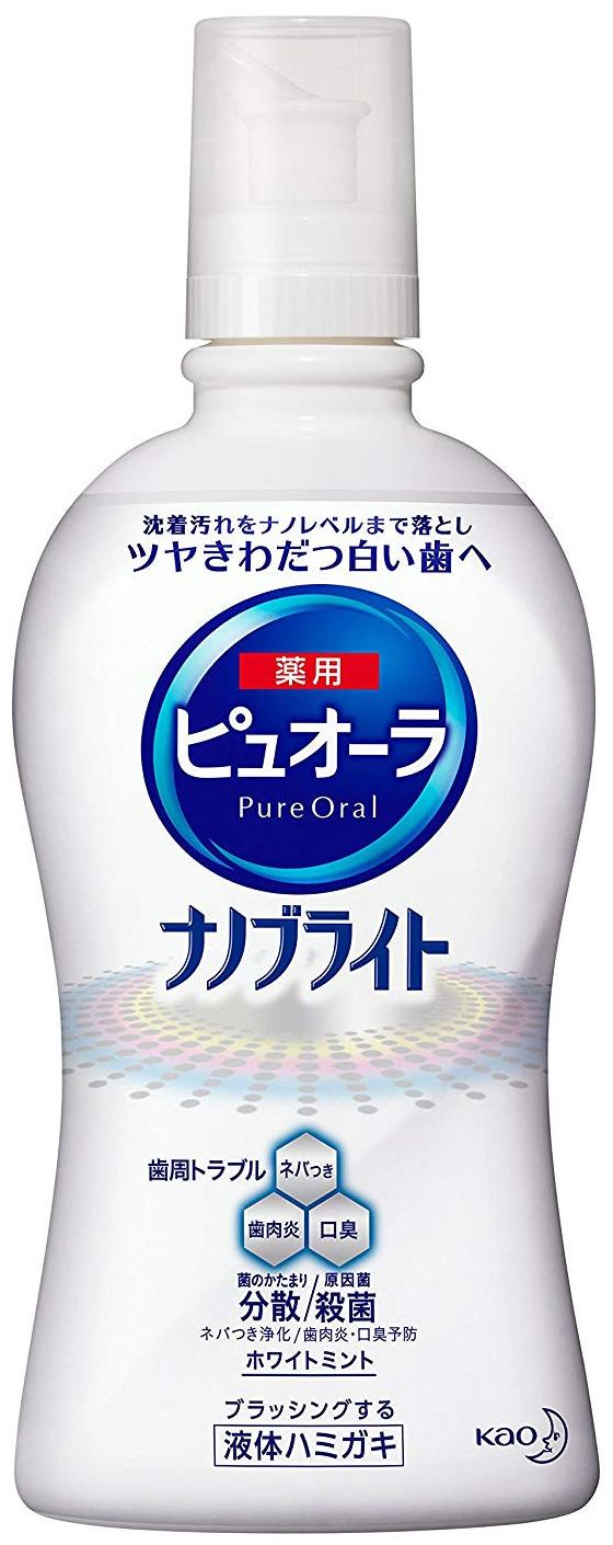 Kao Pure Oral Nanobright Ополаскиватель для полости рта отбеливающий с наночастицами для профилактики кариеса и гангивита Мята 420 мл