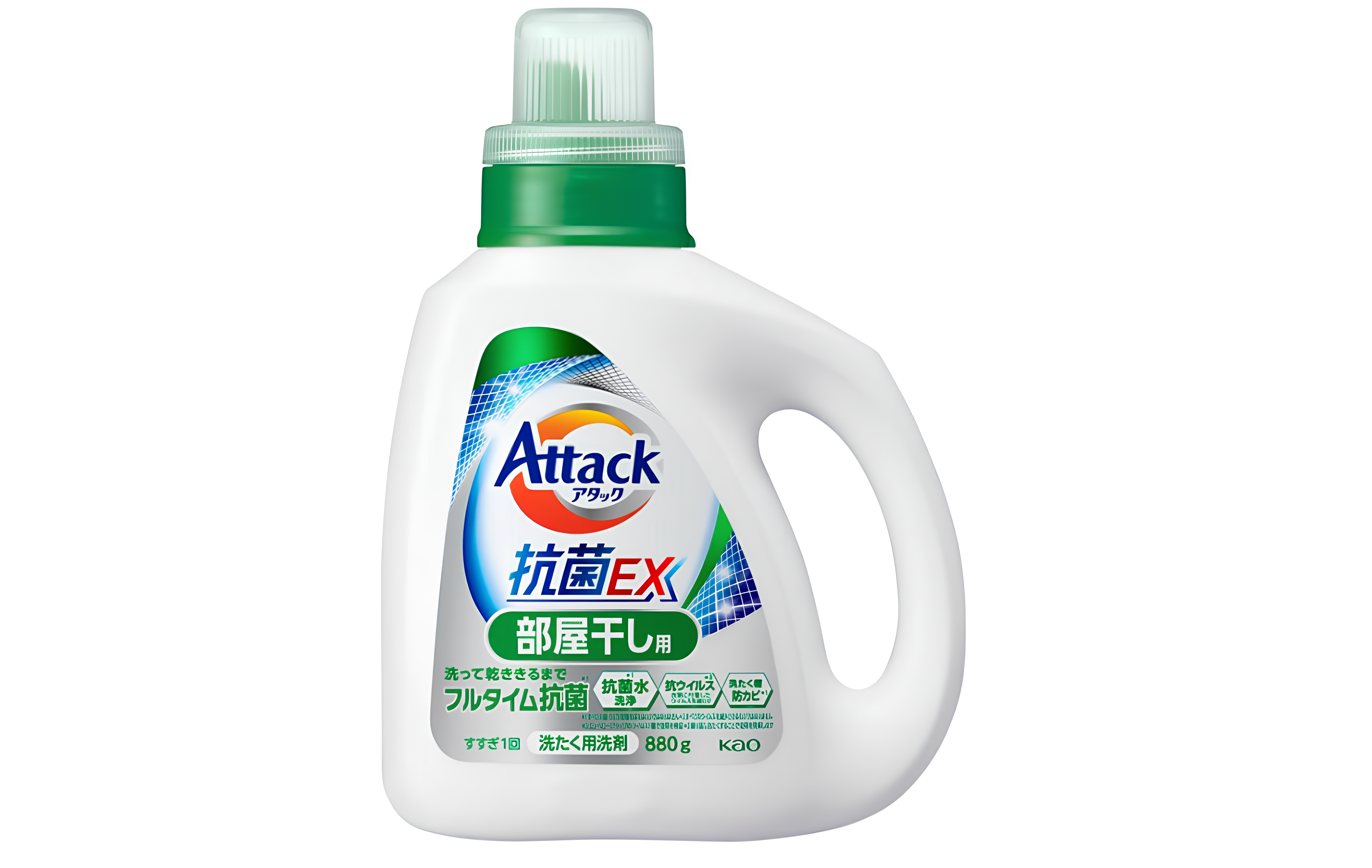 Kao Attack EX Gel Высокоэффективный антибактериальный гель для стирки и сушки в помещении с ароматом зелени 880 гр