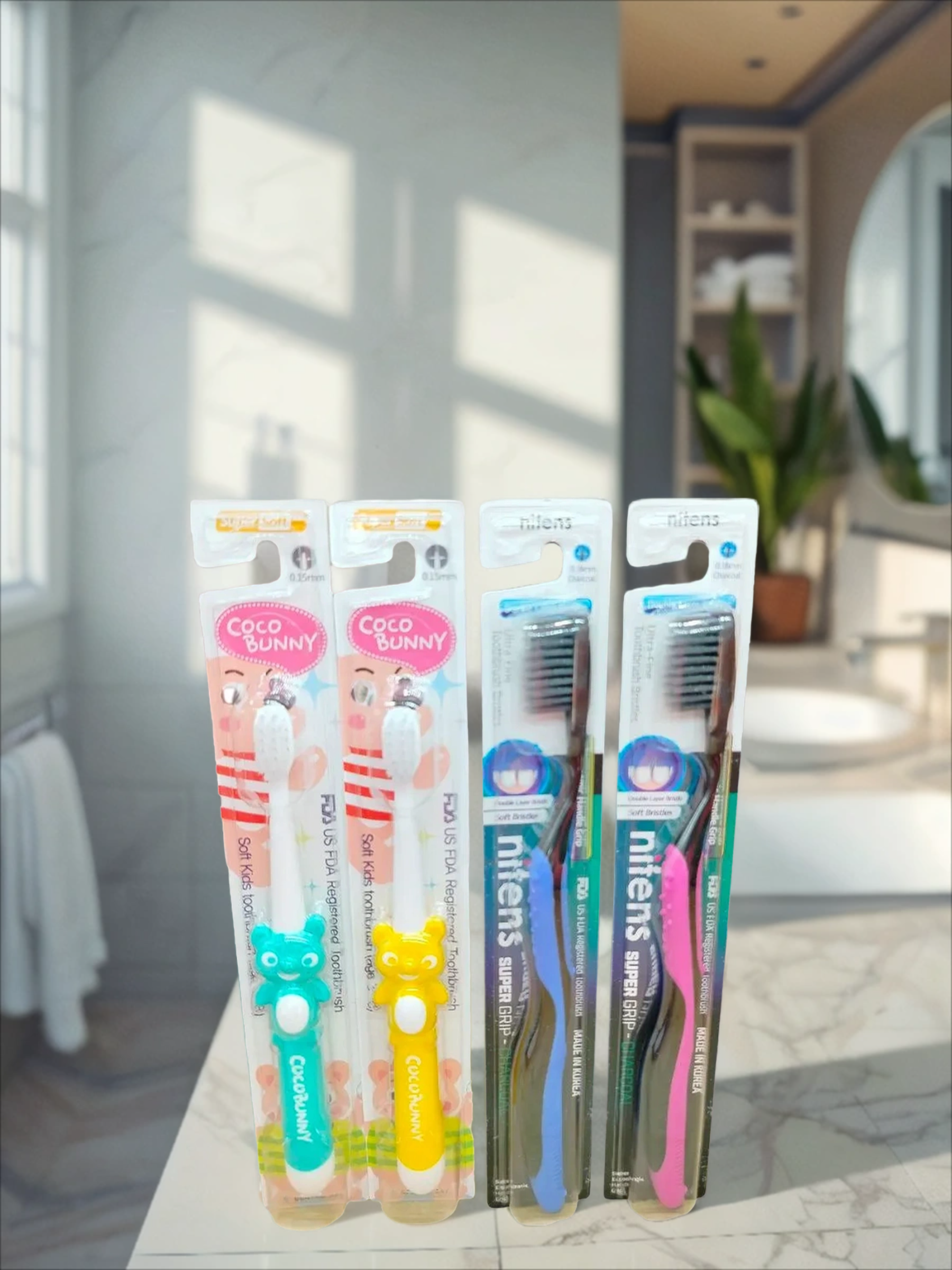Dental Care Family Set Набор зубных щеток Семейный 4 шт: 2 шт для взрослых с углем + 2 шт для детей 3-8 лет