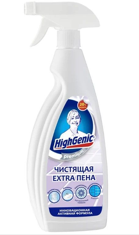 HighGenic Premium Extra Пена Чистящее средство для душевой кабины, раковины, натурального камня плитки и межплиточных швов 750 мл с распылителем