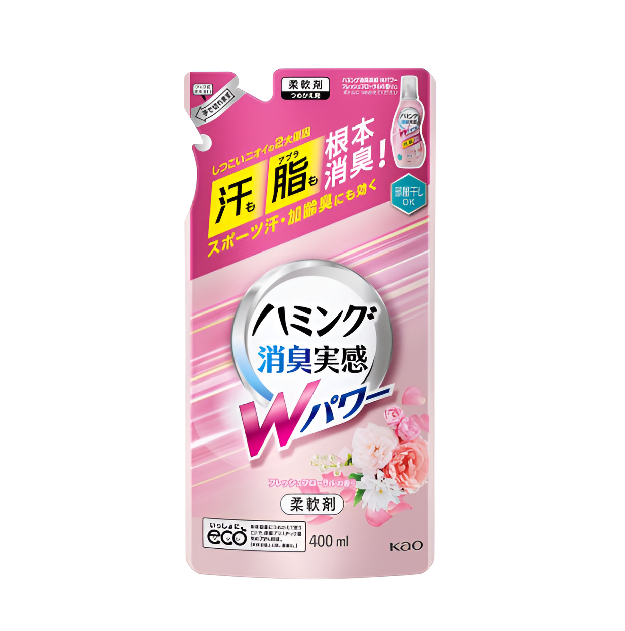Kao Humming W Power Fresh Floral Кондиционер-ополаскиватель для белья с антибактериальным и дезодорирующим эффектом со свежим цветочным ароматом 400 мл запасной блок