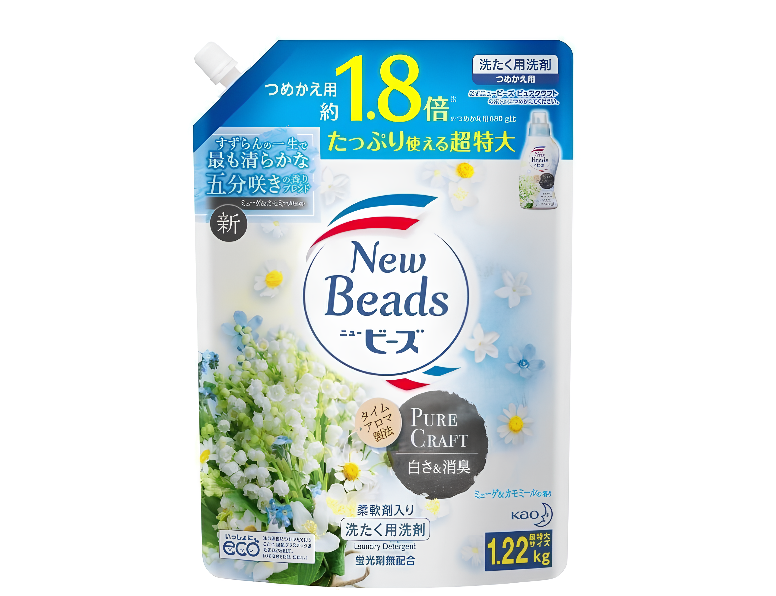 Kao New Beads Fragrance Gel Pure Craft Концентрированный гель для стирки с кондиционером с ароматом ландыша 1220 гр в мягкой упаковке
